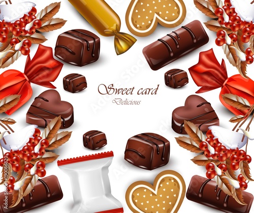 Delicious chocolates candy card Vector realistic illustrations