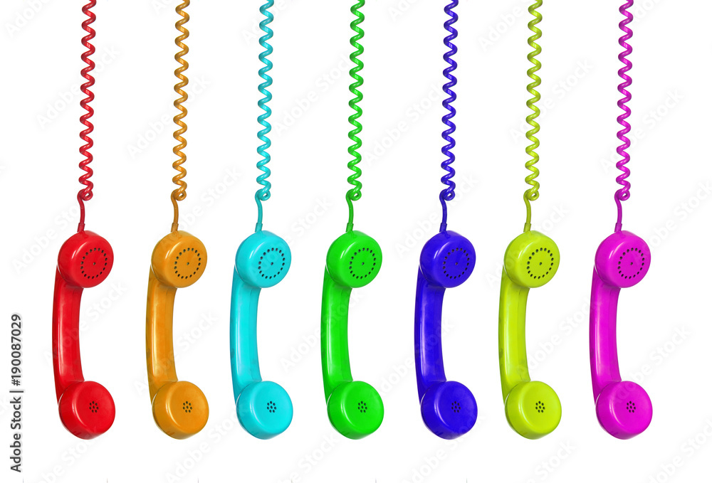 Colorful phones hanging from a cable Colorful phones hanging from a cable