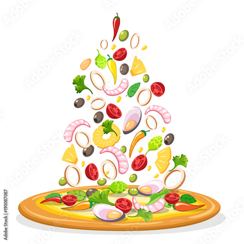 Pizza with falling ingredients. Isolated on white background seafood italian cuisine pizza food with shrimps and mussels