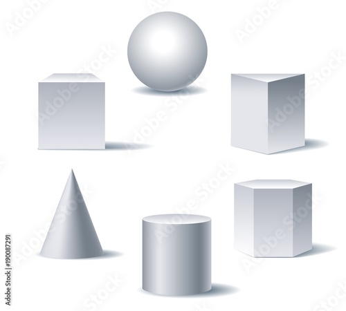 Geometric 3d figures. White basic shapes of geometry on white background with shadows vector illustration