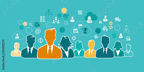 Business people concept illustration with business icons and avatar silhouettes. Flat design and punchy pastel colors