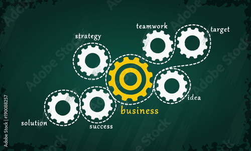 Business concept vector with white and yellow gear cogs hand drawn on chalkboard