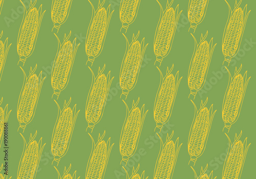Vector hand drawn Corn cobs pattern in yellow color on green background