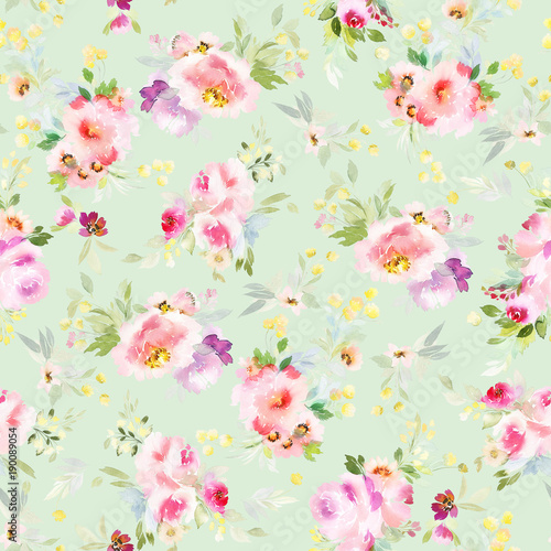 Seamless summer pattern with watercolor flowers handmade.