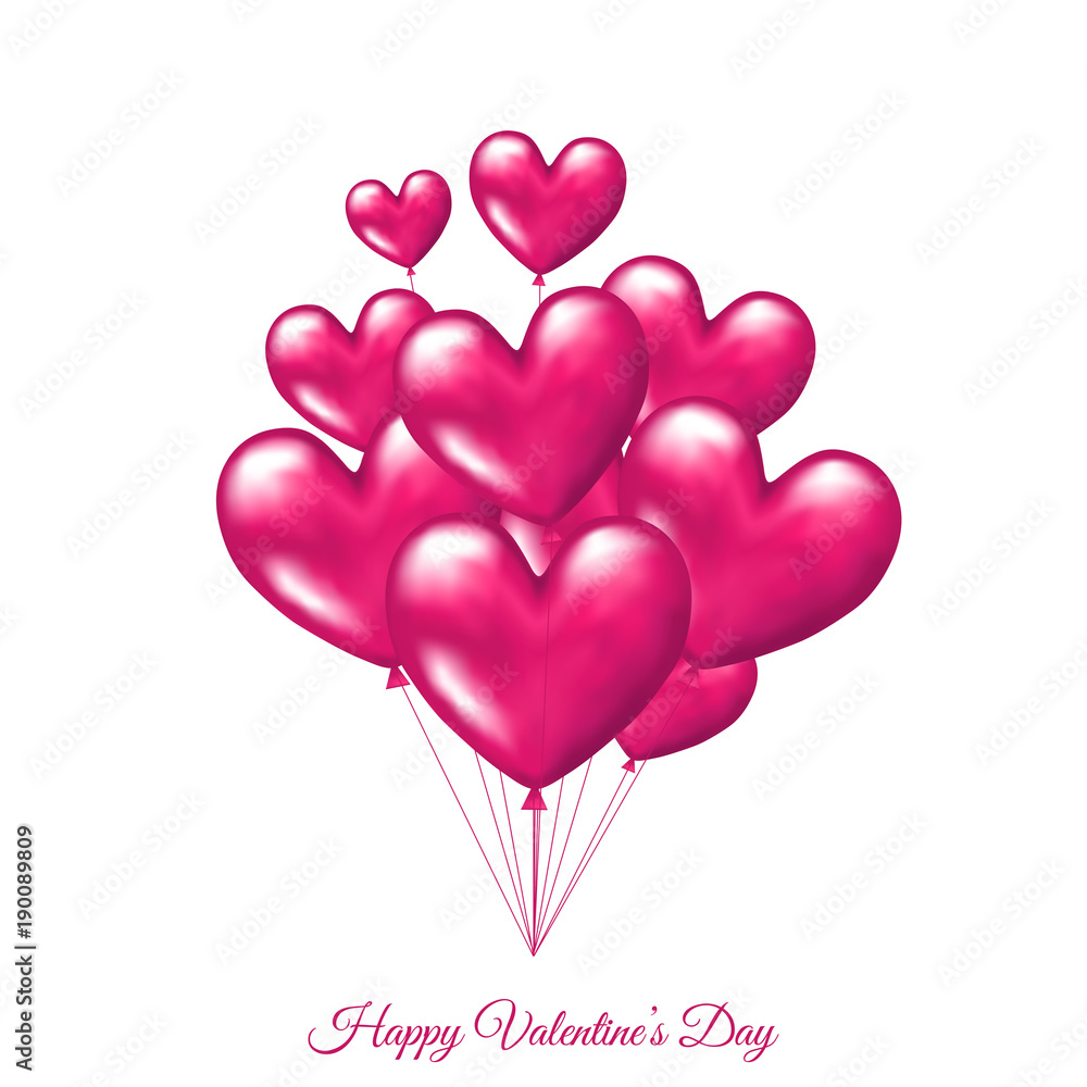 Bundle of  pink  realistic 3d   balloons  in  shape  of  hearts.