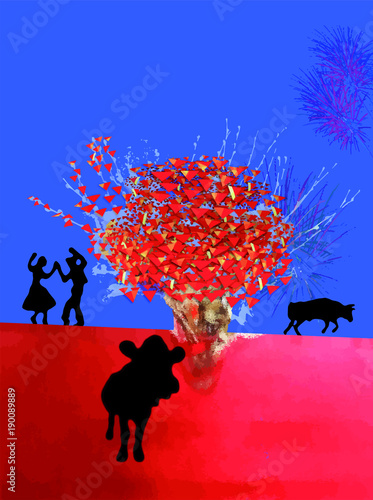 Ombres danse taureau vache autour d'un bouquet abstrait d'artifice rouge et de fêtes dans un ciel bleu