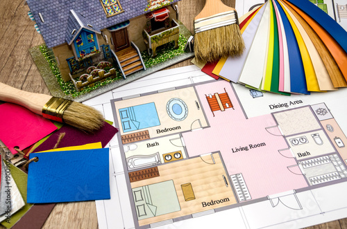 House plan with tools and color samples