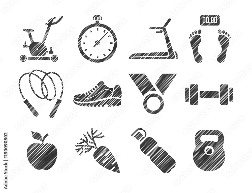 Fitness, sports training, icons, monochrome, pencil shading, vector. Fitness and a healthy lifestyle.Hatch grey pencil on a white field. Imitation.Monochrome icons