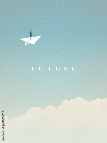 Business future concept with businessman flying in paper plane above the clouds. Symbol of success, leadership, vision, freedom, challenge and opportunity.