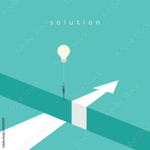 Business solution with creative idea vector concept. Businessman flying with lightbulb balloon over hole.