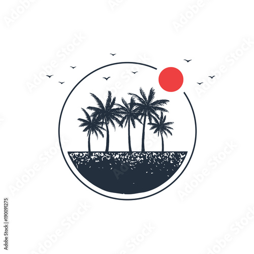 Hand drawn travel badge with palm trees textured vector illustration.