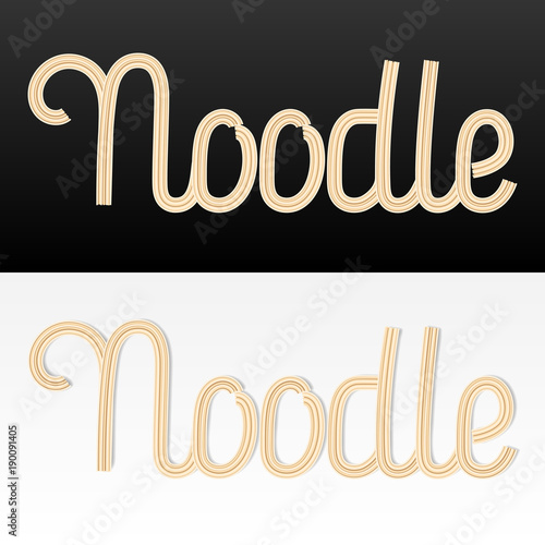 The Word Noodle in style of calligraphy typeface. Pasta in shape of lettering typography. Vector illustration for food theme. 