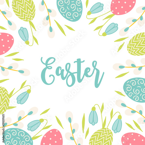 Easter greeting card with pussy willow, snowdrops, leaves and eggs