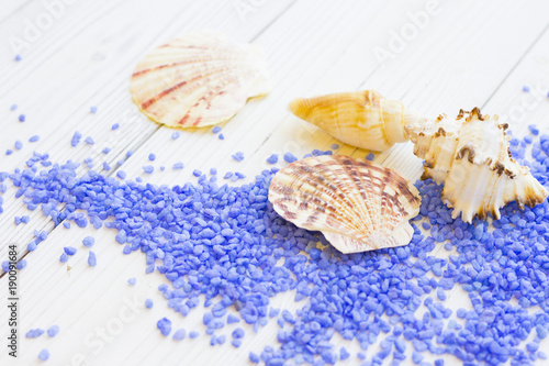 Spa Treatment Concept with natural lavender bath salt and sea shells on a white wooden table