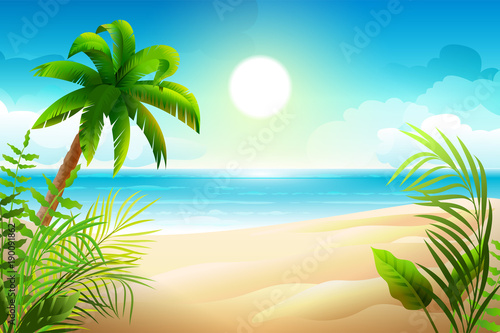 Fototapeta Naklejka Na Ścianę i Meble -  Sunny day on tropical sandy beach. Palm trees and sea paradise holidays