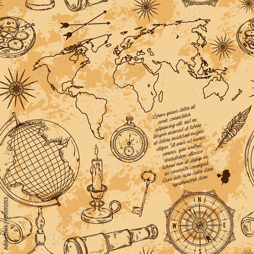 Seamless pattern with globe, compass, world map and wind rose. Vintage science objects set in steampunk style. Vector illustration