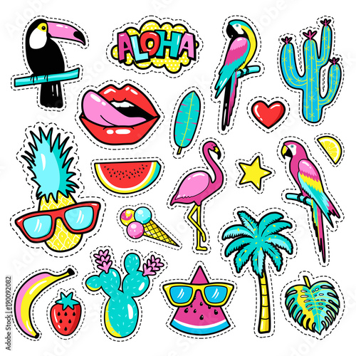 Fashion tropical patch badges with toucan, flamingo, parrot, exotic leaves, hearts, stars, lips, speech bubbles, pineapple. Vector illustration in cartoon 80s-90s style..