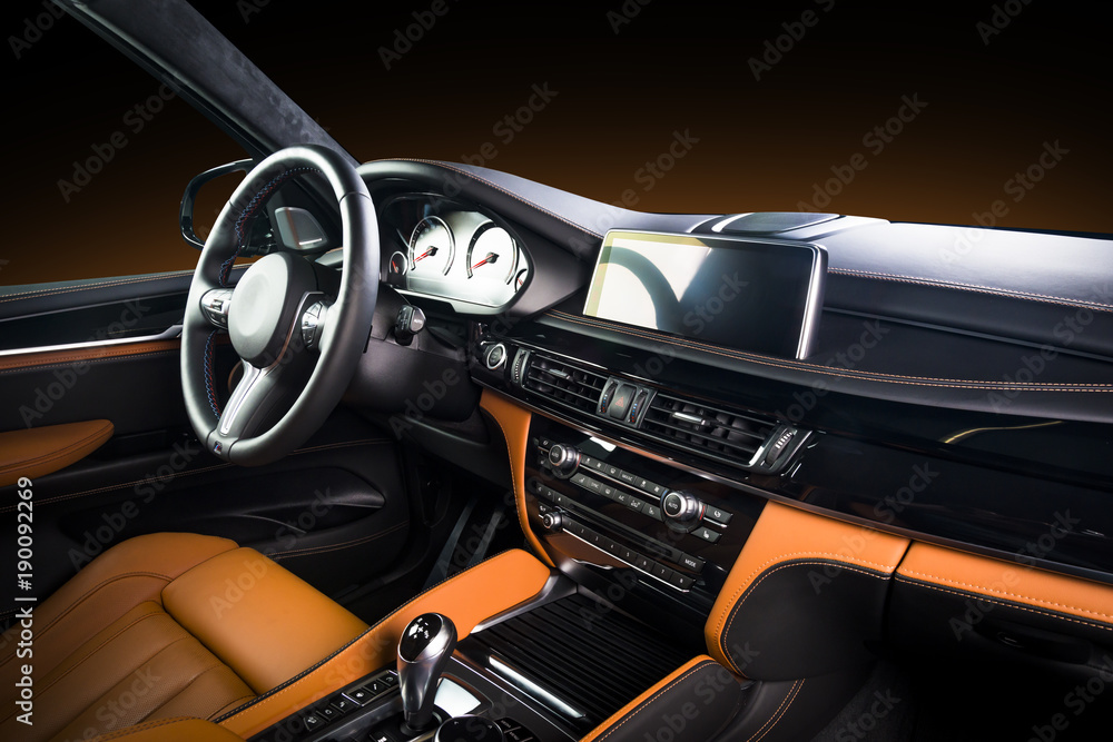 custom made wallpaper toronto digitalModern luxury car Interior - steering wheel, shift lever and dashboard. Car interior luxury inside. Steering wheel, dashboard, speedometer, display. Red and black leather cockpit