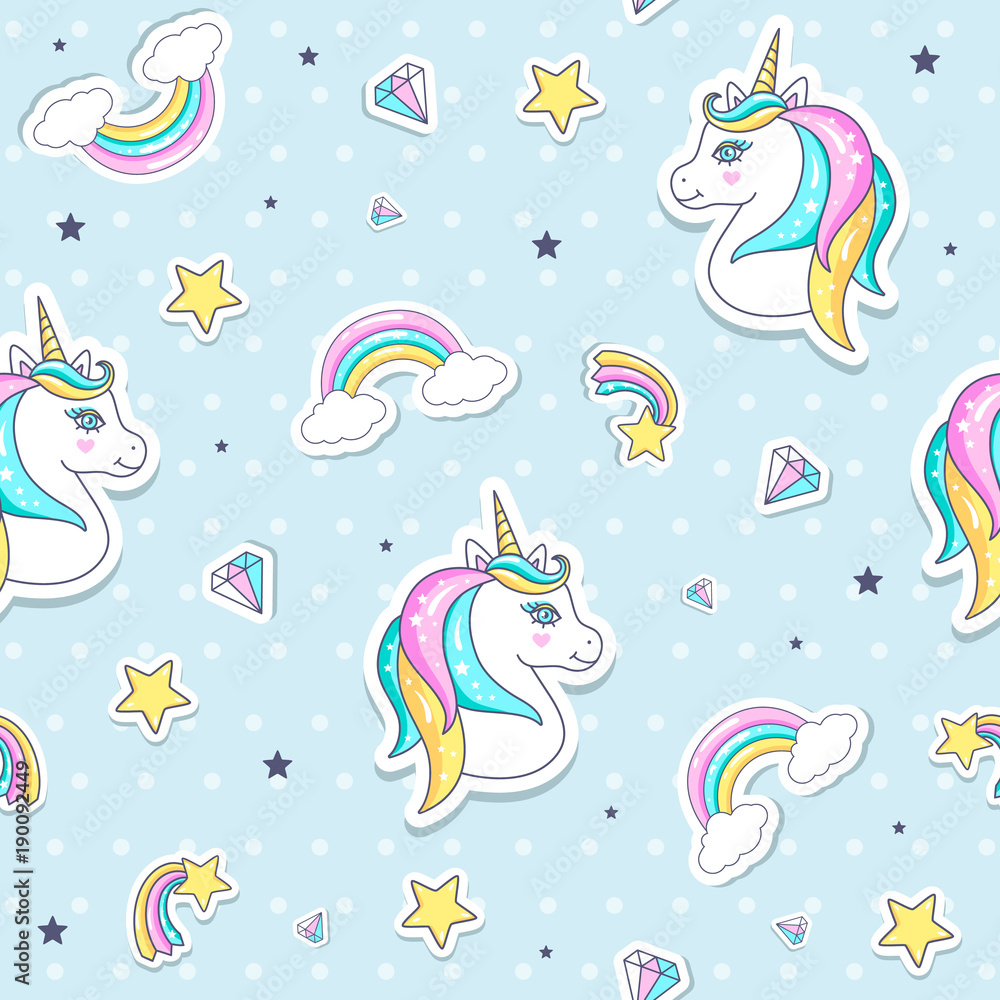 Seamless pattern with cute unicorns. Vector illustration.
