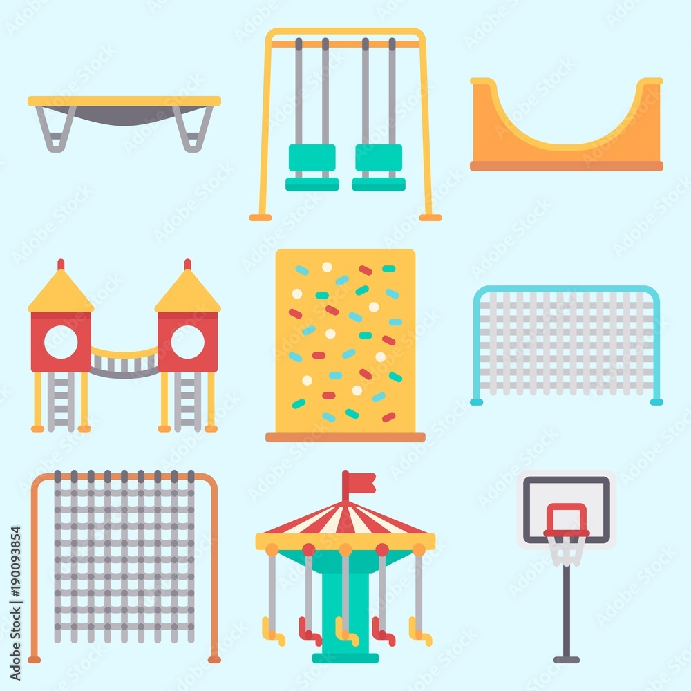 Icons set about Amusement Park with jumping flore, swings, climb , swing , skater and playground Icons set about Amusement Park with jumping flore, swings, climb , swing , skater and playground