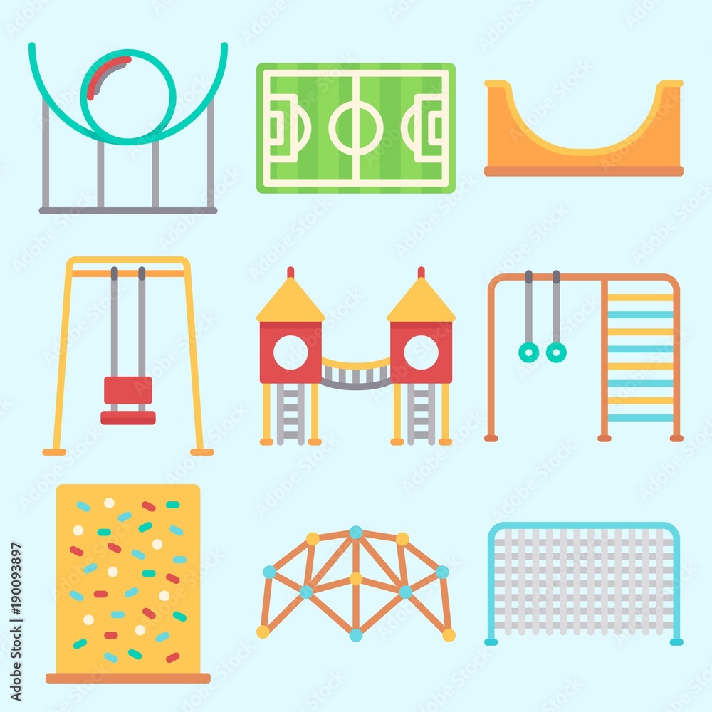 Icons set about Amusement Park with climb , climbing, roller coaster, swing , soccer field and skater