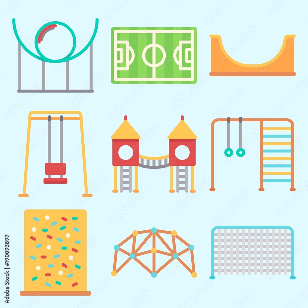 Icons set about Amusement Park with climb , climbing, roller coaster, swing , soccer field and skater Icons set about Amusement Park with climb , climbing, roller coaster, swing , soccer field and skater