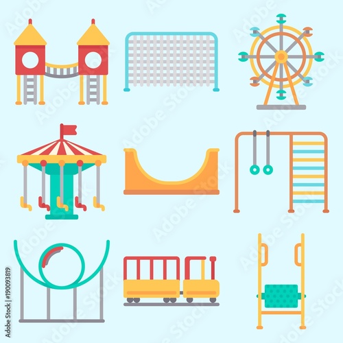 Icons set about Amusement Park with climb , child train, playground, roller coaster, swing  and ferris wheel
