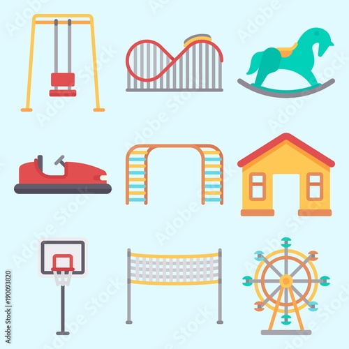 Icons set about Amusement Park with carousel, climbing, bumber car, horse swing, ferris wheel and swing