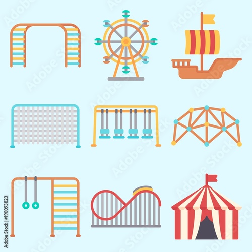 Icons set about Amusement Park with swings, roller coaster, climb , climbing, carousel and ferris wheel