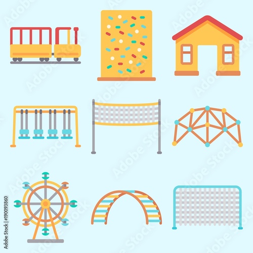 Icons set about Amusement Park with game zone, fun, climb , carousel, ferris wheel and swing