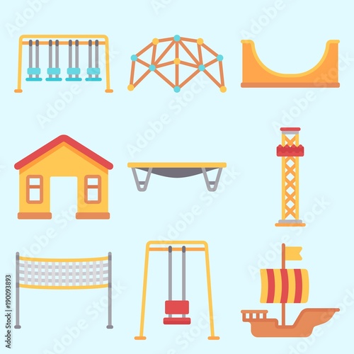 Icons set about Amusement Park with flambards experience, climb , climbing, sailing boat, swing  and game zone