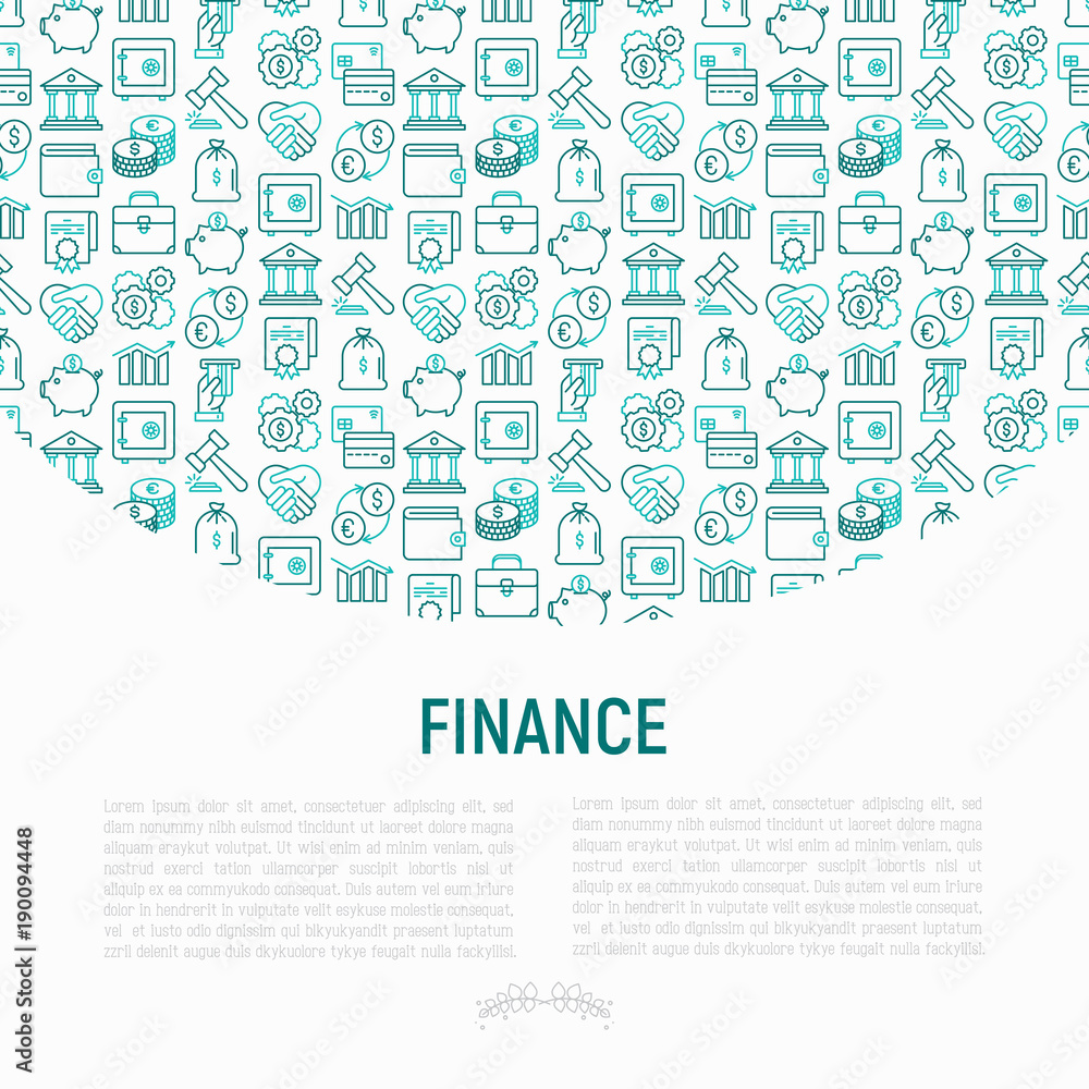 Finance concept with thin line icons: safe, credit card, piggy bank, wallet, currency exchange, hammer, agreement, handshake, atm slot. Modern vector illustration for banner, web page, print media. Finance concept with thin line icons: safe, credit card, piggy bank, wallet, currency exchange, hammer, agreement, handshake, atm slot. Modern vector illustration for banner, web page, print media.