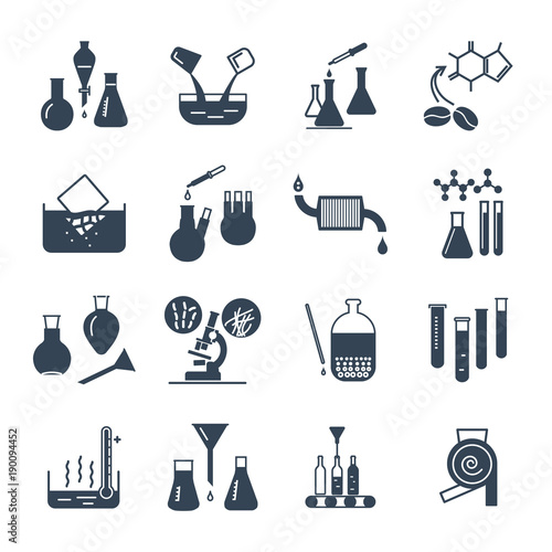 set of black icons chemical laboratory equipment and test-tubes