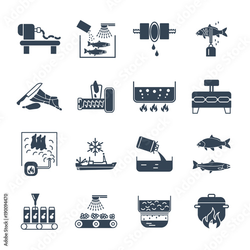set of black icons food, meal production process, fish, meat