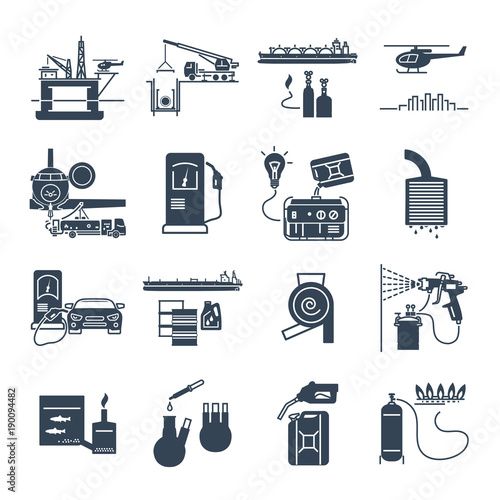 set of black icons fuel, gas, oil transport, production industry