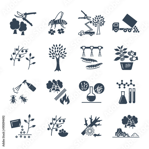 set of black icons gardening, farm production process