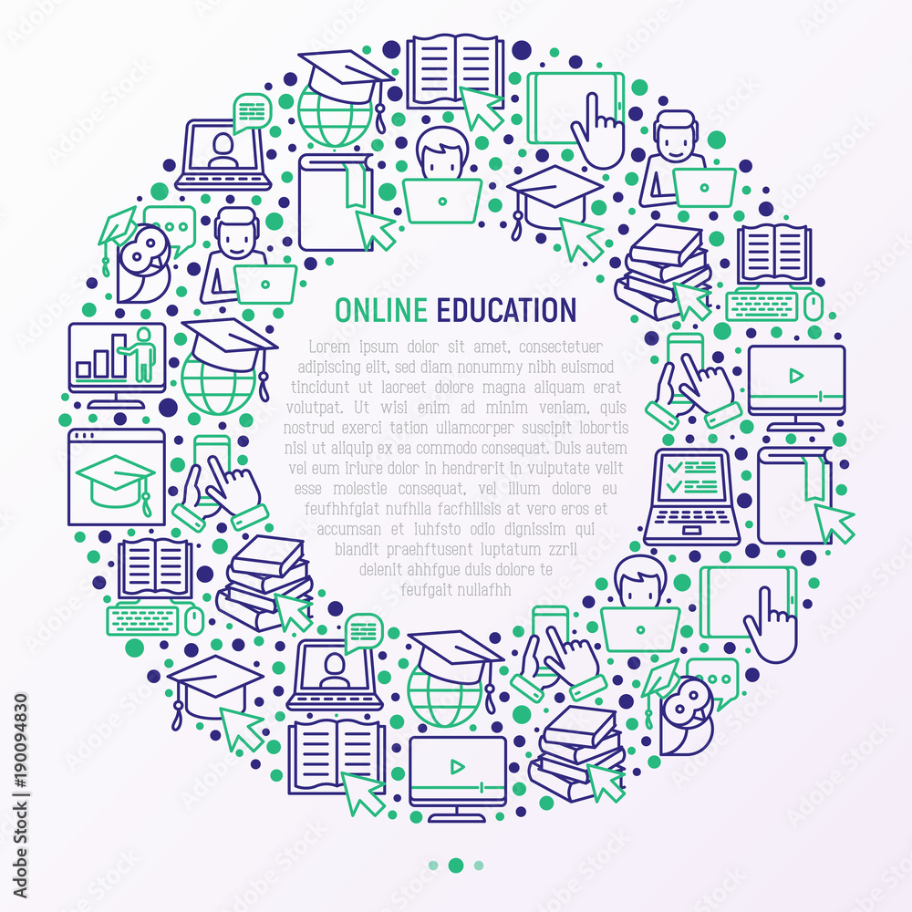 Online education concept in circle with thin line icons: online course, webinar, e-book, video conference, home studying, wise owl in graduation cup. Modern vector illustration for school web page.
