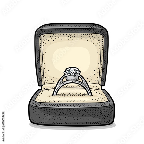 Wedding ring with diamond in a gift box. Vintage color vector engraving illustration
