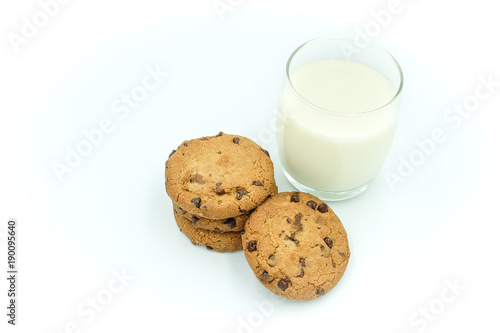 Chocolate chips cookies and soy miik isolated on white background