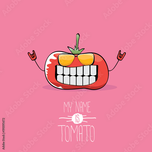 vector funny cartoon cute red smiling tomato character isolated on pink background. My name is tomato. vegetable funky food character