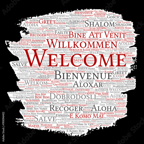 Vector conceptual abstract welcome or greeting international brush or paper word cloud in different languages or multilingual. Collage of world, foreign, worldwide travel, translate, vacation tourism