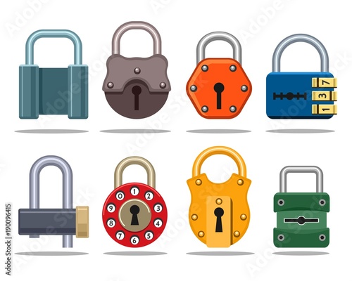 Vector locks. Colorful lock set with key hole and secret code, protective gear and safety password combination vector illustration