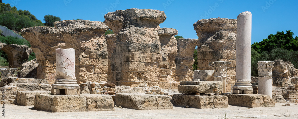 Archaeological excavations. Ancient columns of marble and Thermal baths in Carthage. Panorama