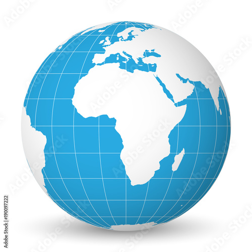 Earth globe with green world map and blue seas and oceans focused on Africa. With thin white meridians and parallels. 3D vector illustration.