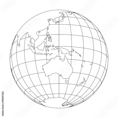 Outline Earth globe with map of World focused on Australia and Oceania. Vector illustration.