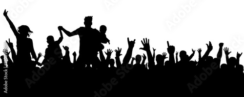 Cheerful crowd silhouette. Party people, applaud. Fans dance concert, disco.Hands up