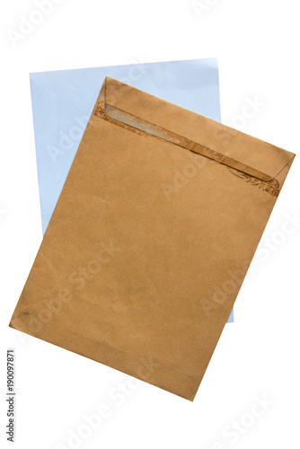 Old brown envelope and paper isolate on white background