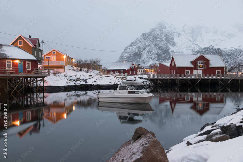 henningsvaer village in winter - Lofoten , Norway 