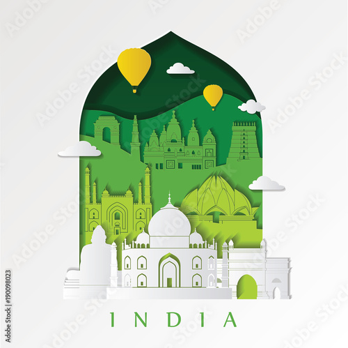 Colorful detailed India skyline. Travel and tourism background. Paper style vector illustration