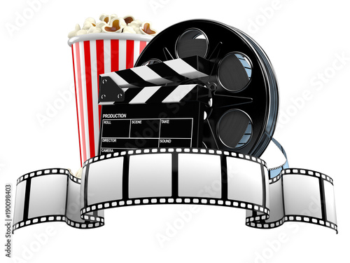 Film reel with popcorn and clapboard photo